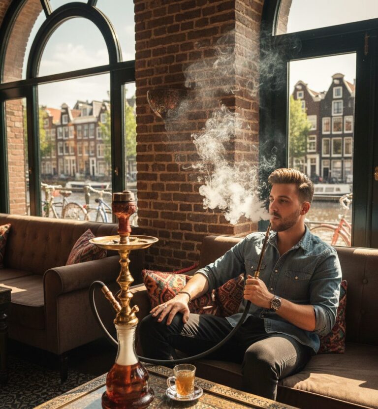 shisha rookt in amsterdamse bar zonnige dag 768x831